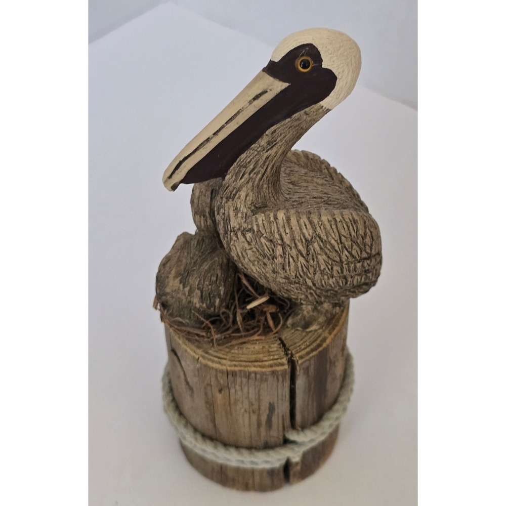 Hand Carved Wood Pelican Statue Nautical Coastal Decor Signed